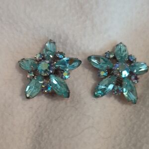 Vintage Aqua Rhinestone Clip On Costume Earrings.